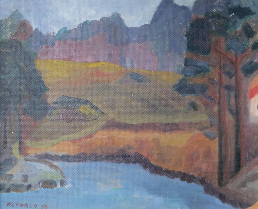 File:Molnlycke three Harryda 1954 oil painting by Alvar Andersson 1916 2003 Askim Sweden.jpg